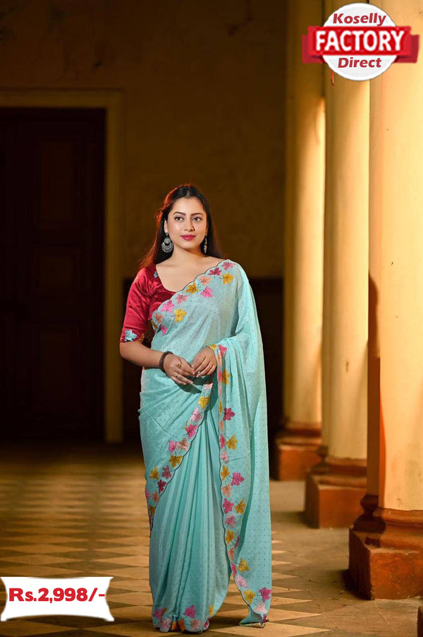 Aqua Blue Chiffon Crepe Kashmiri Embroidered Saree