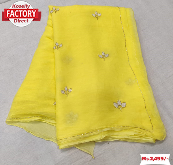 Yellow Soft Silk Chiffon Handwork Saree