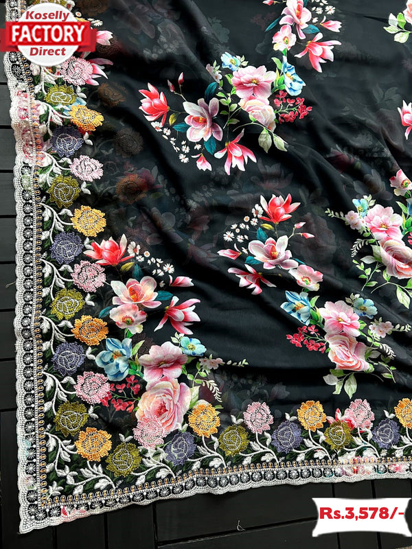 Black Premium Georgette Sequins Digital Print Partywear Saree