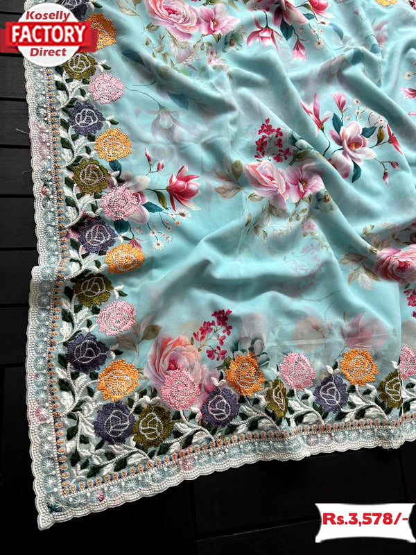 Sky Blue Premium Georgette Sequins Digital Print Partywear Saree