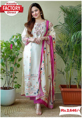 White And Pink Maslin Kurtha Palazzo Dupatta Set