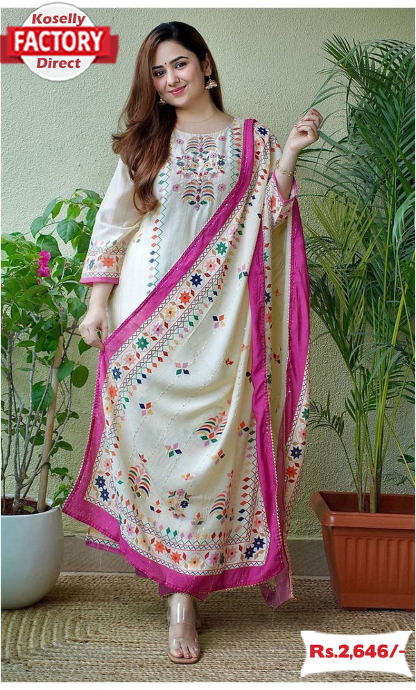 White And Pink Maslin Kurtha Palazzo Dupatta Set