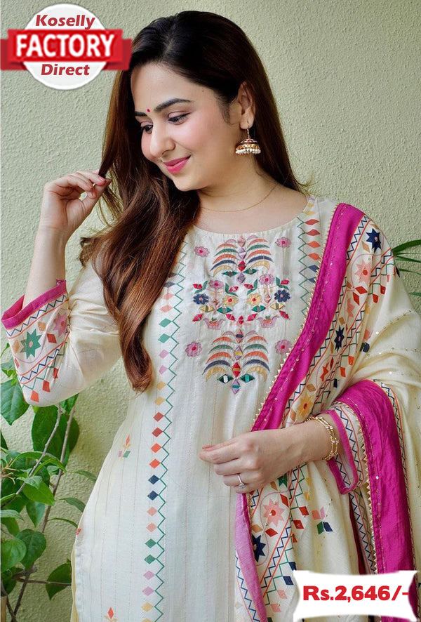 White And Pink Maslin Kurtha Palazzo Dupatta Set
