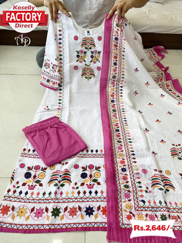 White And Pink Maslin Kurtha Palazzo Dupatta Set