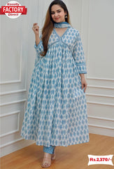 Blue Cotton Alia Cut Kurtha Palazzo Dupatta Set