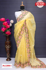 Yellow Organza Multi-embroidery Saree