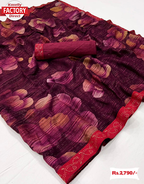 Wine Floral Brasso Saree