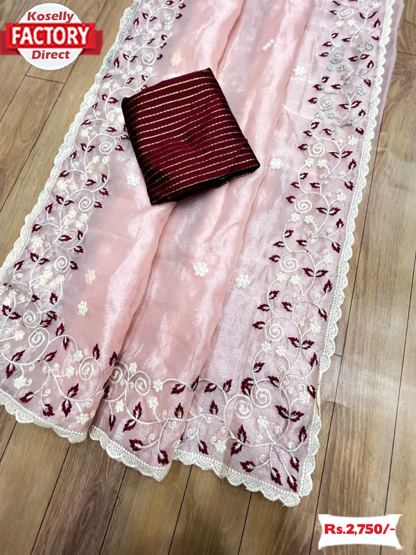 Peach Soft Khadi Organza Thread Embroidered Saree