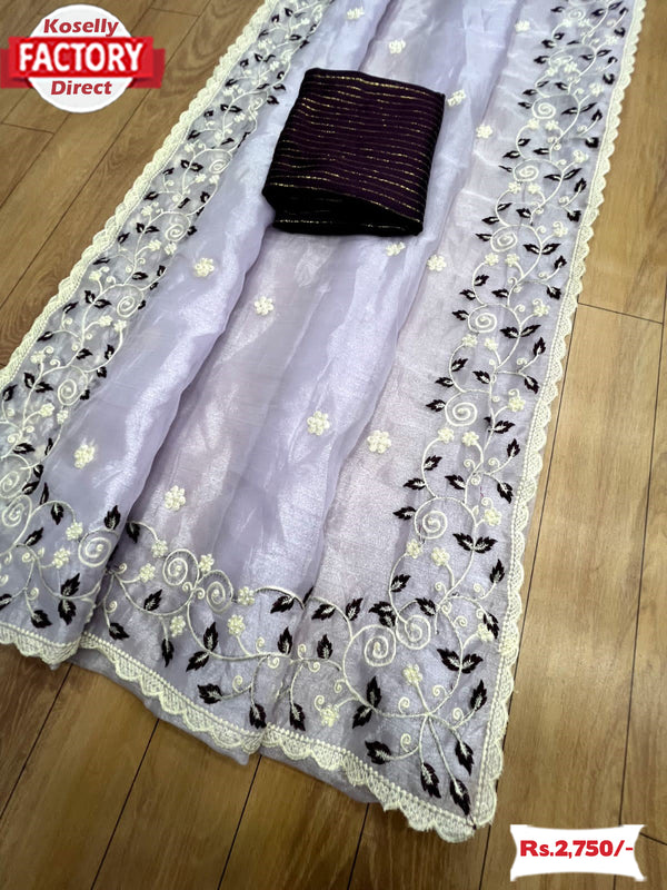 Lavender Soft Khadi Organza Thread Embroidered Saree