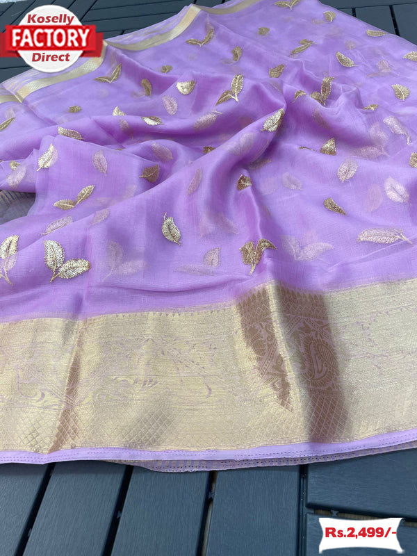 Lavender Organza Jacquard Saree With Embroidery