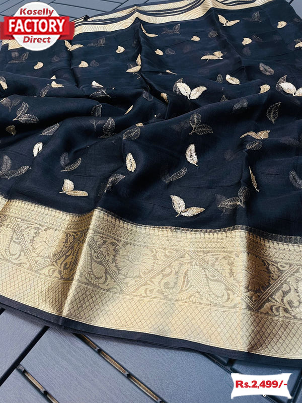 Black Organza Jacquard Saree With Embroidery