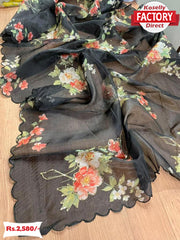 Black Soft Organza Saree With Hand Work And Digital Print