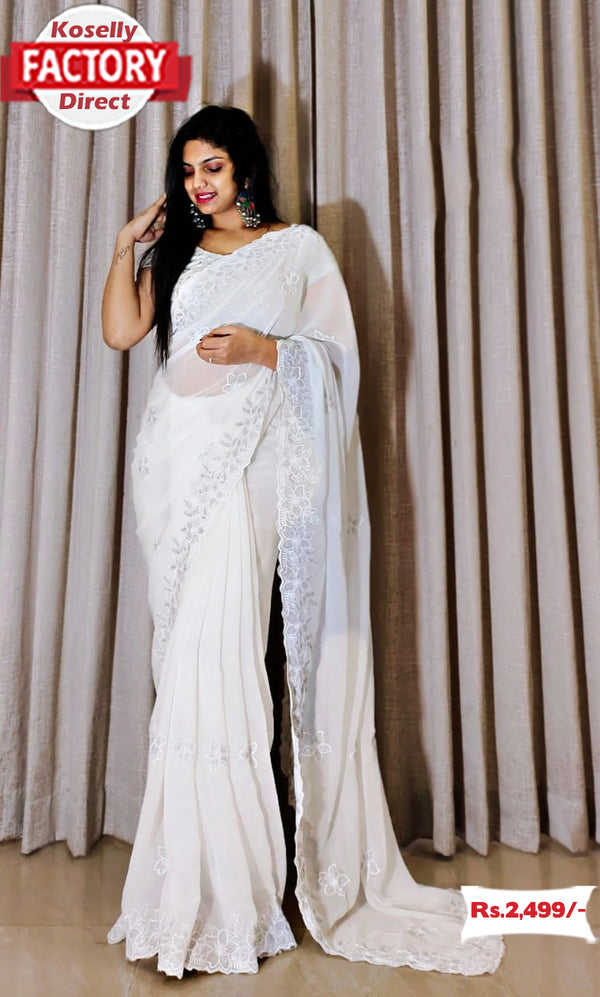 White Georgette Zari And Thread Embroidered Saree