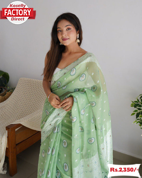 Mild Green Pure Linen Lucknowi Work And Zari Weaving Saree