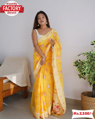 Yellow Pure Linen Lucknowi Work And Zari Weaving Saree