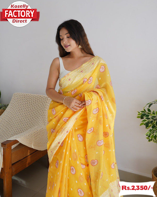 Yellow Pure Linen Lucknowi Work And Zari Weaving Saree