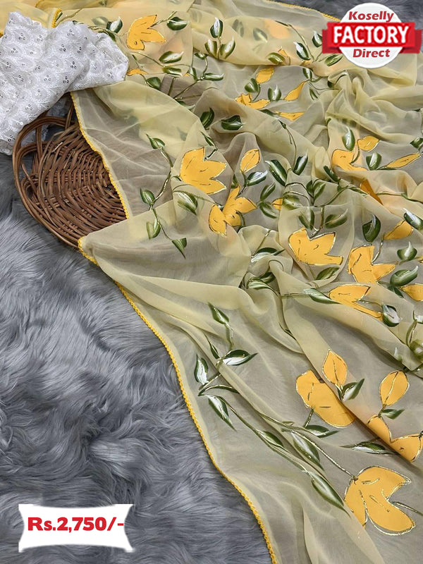 Yellow Georgette Silk Hand-painted Saree