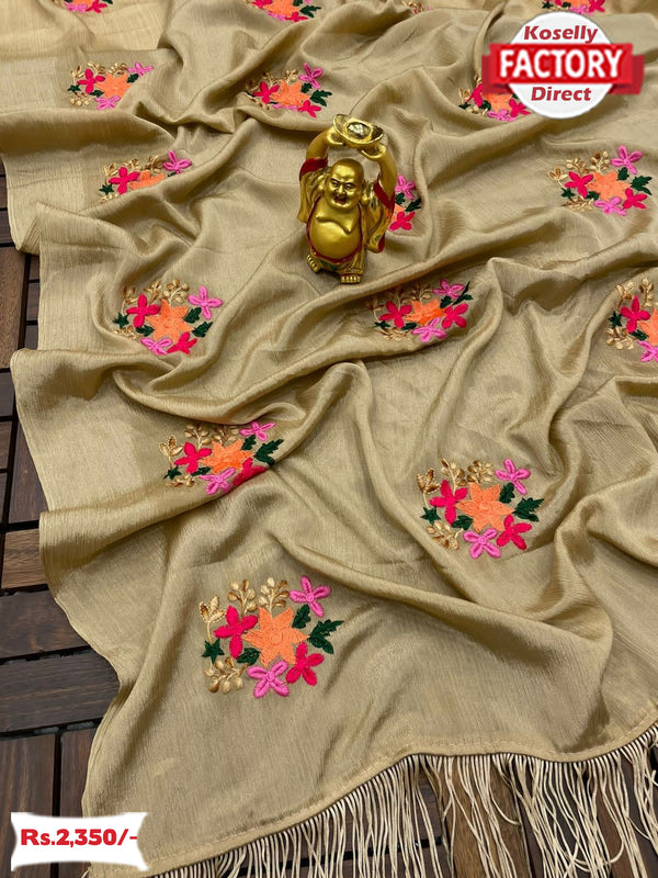 Golden Chinnon Silk Multi-Embroidered Saree