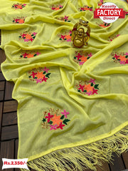 Yellow Chinnon Silk Multi-Embroidered Saree