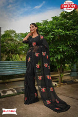 Black Chinnon Silk Multi-Embroidered Saree