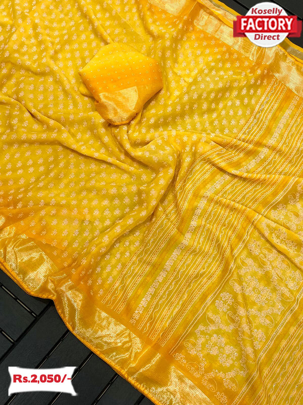 Yellow Pure Chiffon Saree