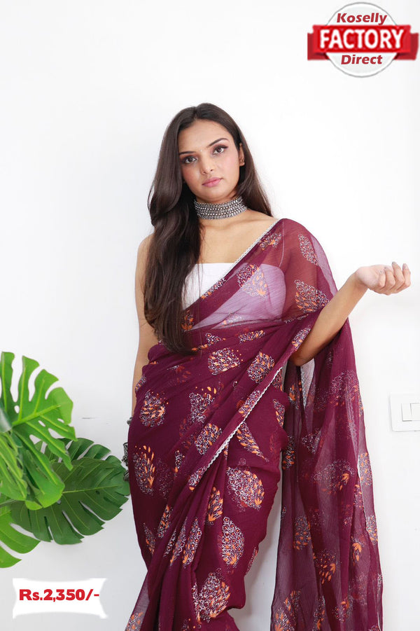 Wine Chiffon Silk Saree With Handprint And Foil Work