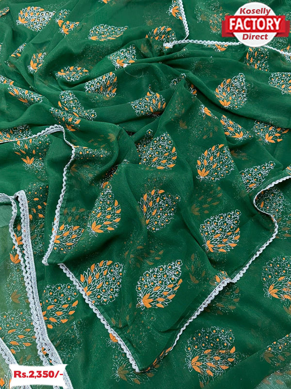 Green Chiffon Silk Saree With Handprint And Foil Work