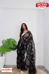Black Chiffon Silk Saree With Handprint And Foil Work