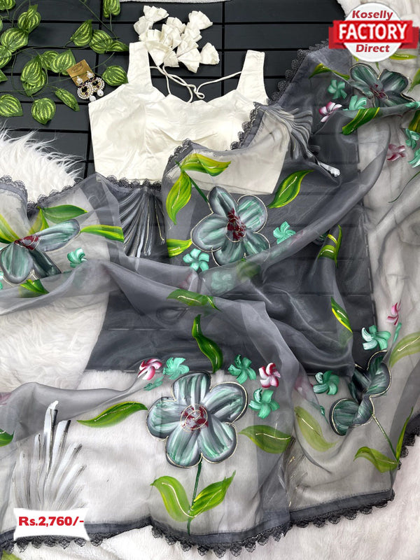 Ash Pure Organza Handpainted Saree With Stitched Blouse