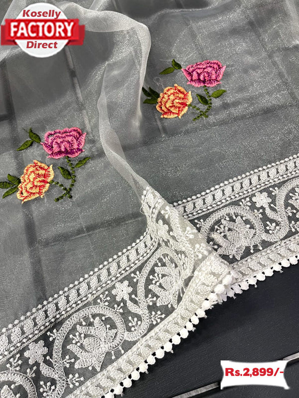 Ash Pure Organza Multi-embroidery Fancy Saree