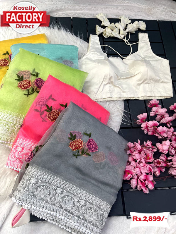 Ash Pure Organza Multi-embroidery Fancy Saree