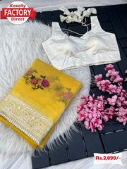 Yellow Pure Organza Multi-embroidery Fancy Saree