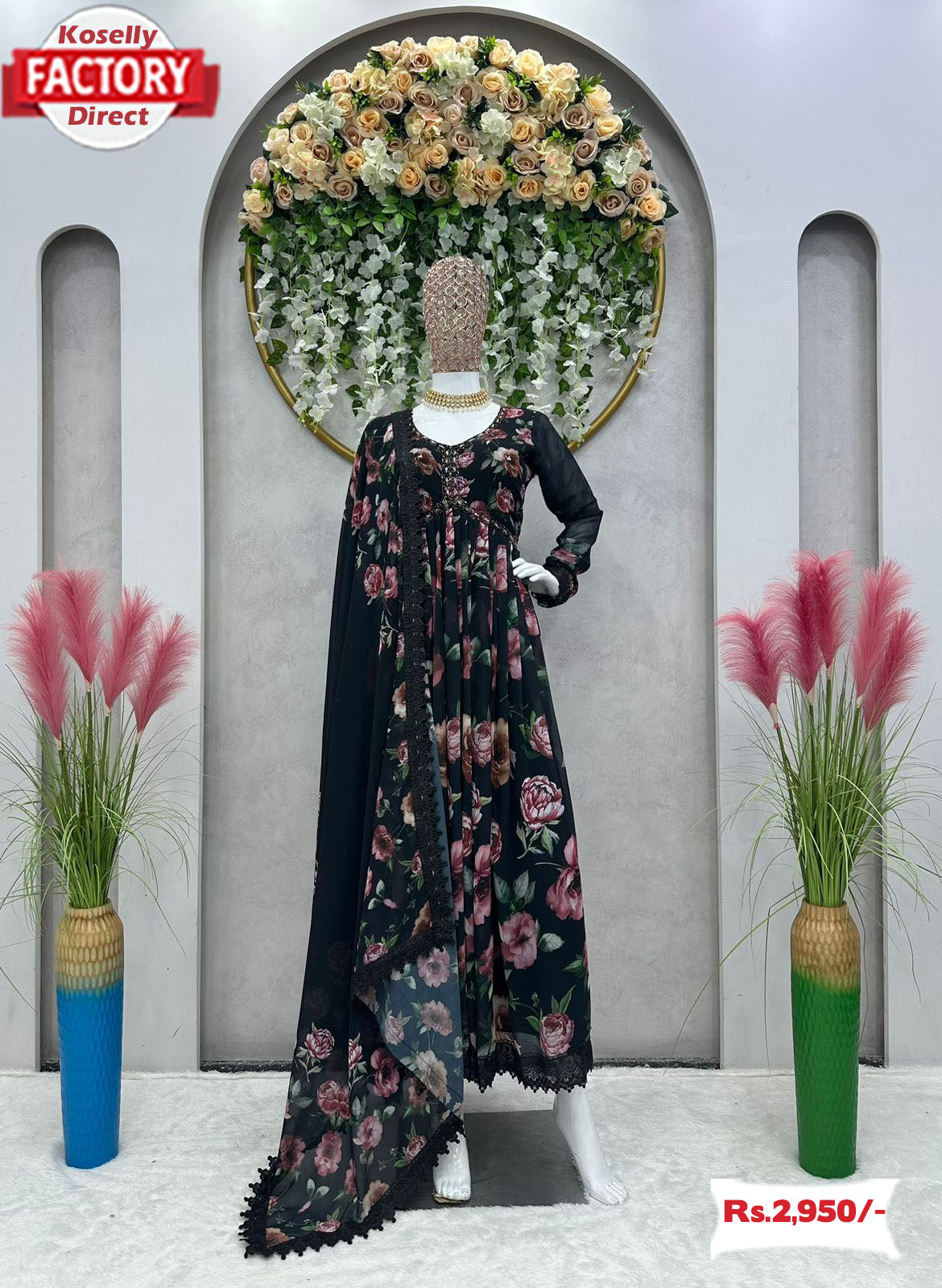 Black Georgette Embroidered Gown Dress with Dupatta - GW0447