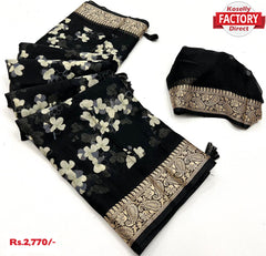Black Dola Silk Saree With Floral Mill Print