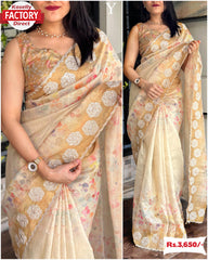 Golden Organza Digital Print And Sequins Work Partywear Saree