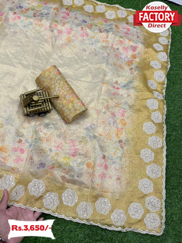 Golden Organza Digital Print And Sequins Work Partywear Saree