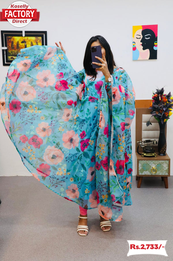 Sky Blue Floral Anarkali Set