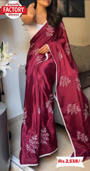 Maroon Shimmery Chinnon Silk Embroidered Saree