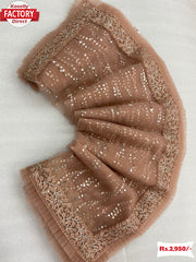 Brown Mono Net Mirror Work Frill Saree