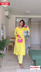 Yellow Chikankari Work Kurtha Pant Set