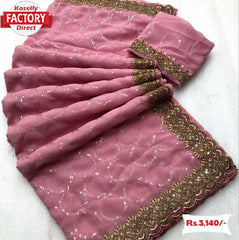 Lavender Georgette Embroidered Partywear Saree