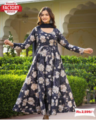 Navy Blue Floral Gown Dupatta Set