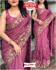 Dark Pink Slub Silk Partywear Saree