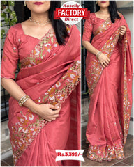 Dark Peach Slub Silk Partywear Saree