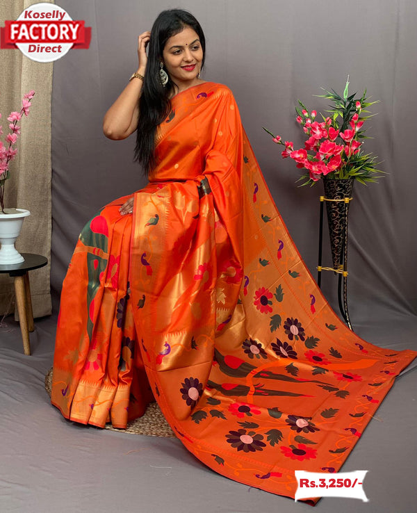 Orange Kanjivaram Rich Zari Weaving Saree