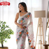 White Georgette Digital Print Saree With Embroidery Work