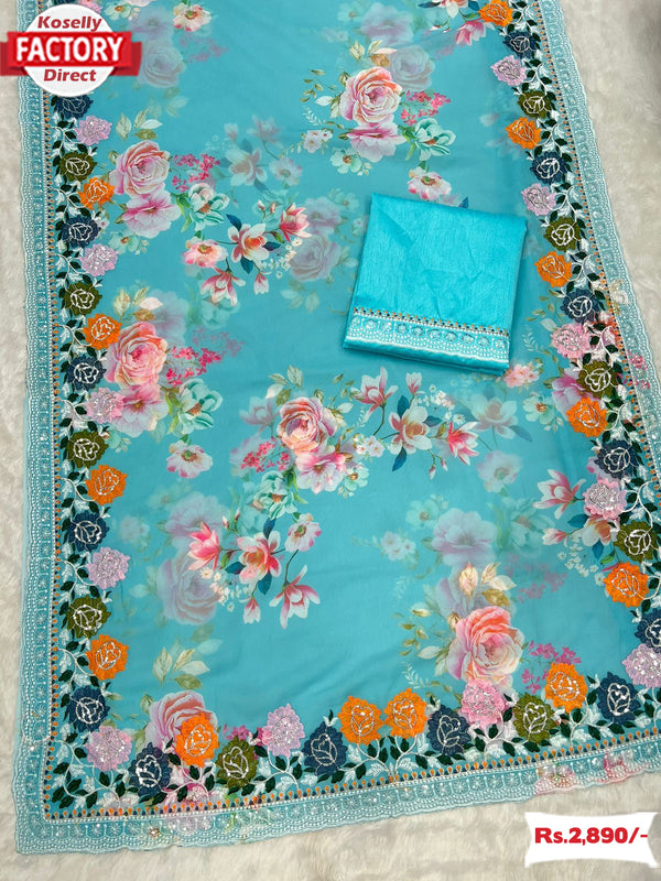 Blue Georgette Digital Print Saree With Embroidery Work