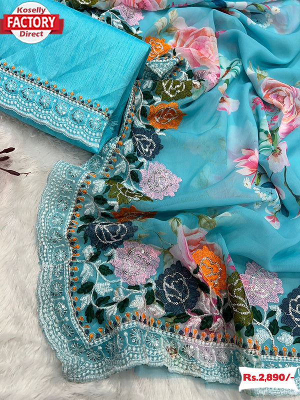 Blue Georgette Digital Print Saree With Embroidery Work