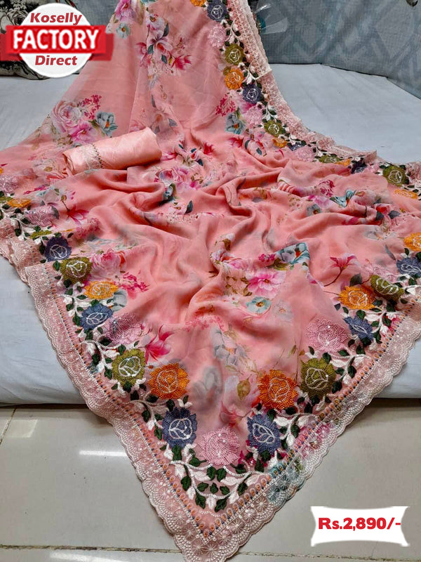 Peach Georgette Digital Print Saree With Embroidery Work