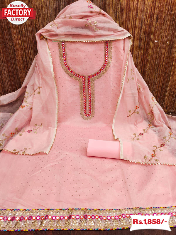 Pink Chanderi Silk Embroidered Kurtha Suruwal Piece
